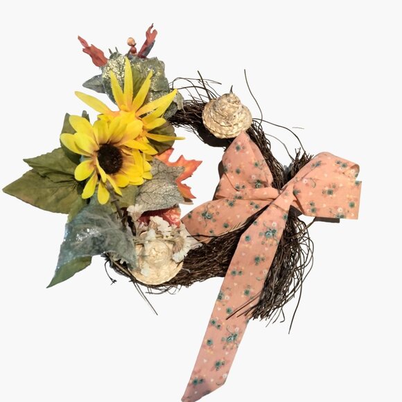 Rustic Fall Grapevine Wreath Sunflower Floral Ribbon Wicker Hat Brown Orange 8 i - Picture 4 of 7